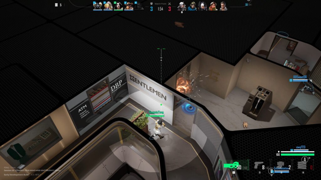 Top-down shooter gameplay with explosion inside office corridor