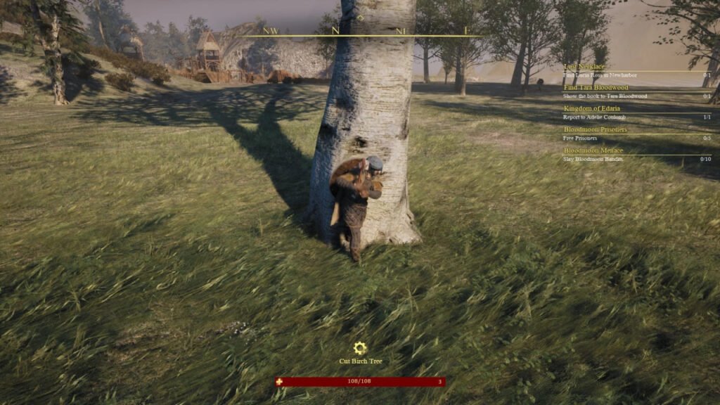 New World player chopping birch tree in grassy field