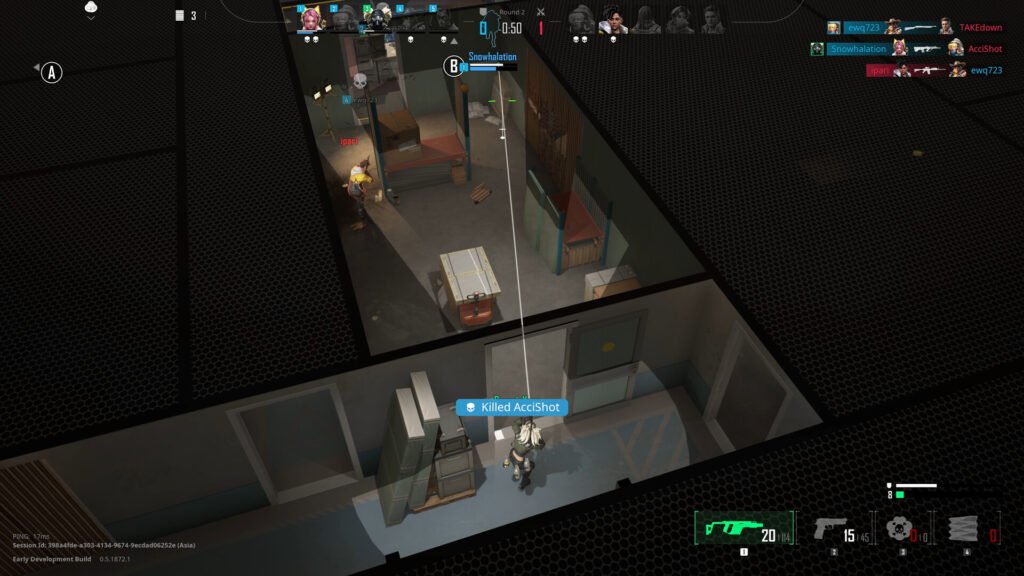 Player shoots enemy in top-down warehouse corridor