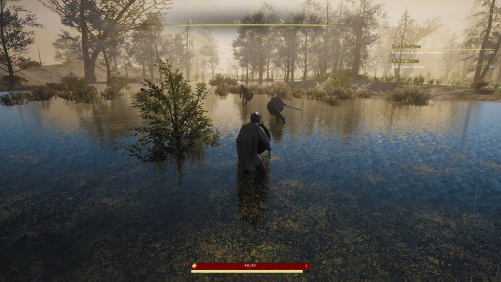 Player character wading through swamp toward enemies in forest